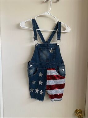 Little Girls' 4XL Denim Star & Sequin Flag Shorts Overalls - Red/White/Blue